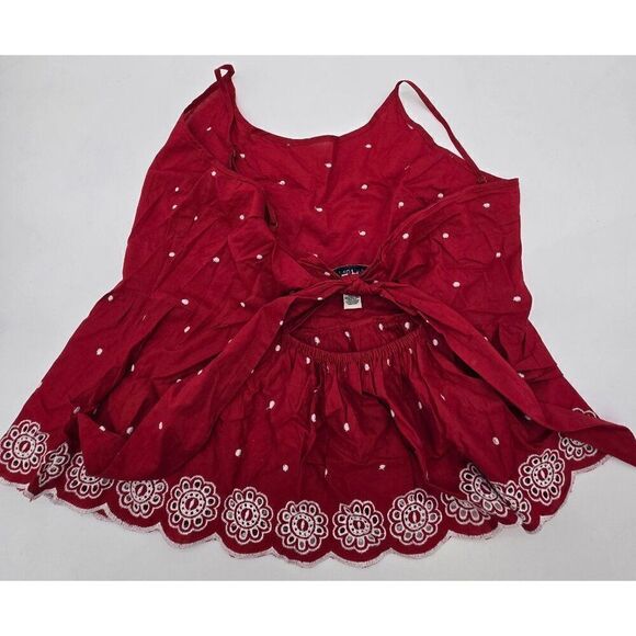 Red Arizona Sleeveless Embroidered Peplum Baby Doll Top With Tie Back - Picture 3 of 5